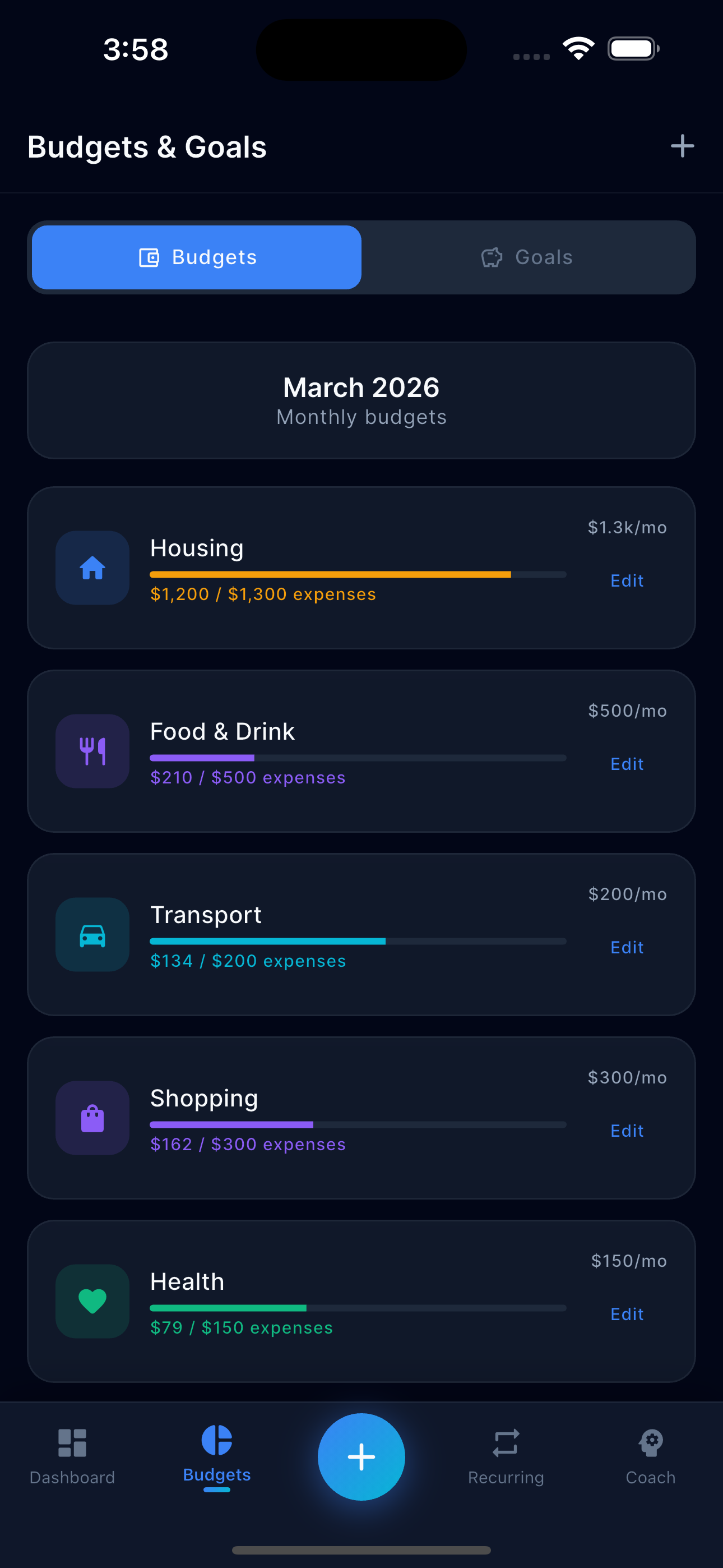 Budget tracking with progress bars